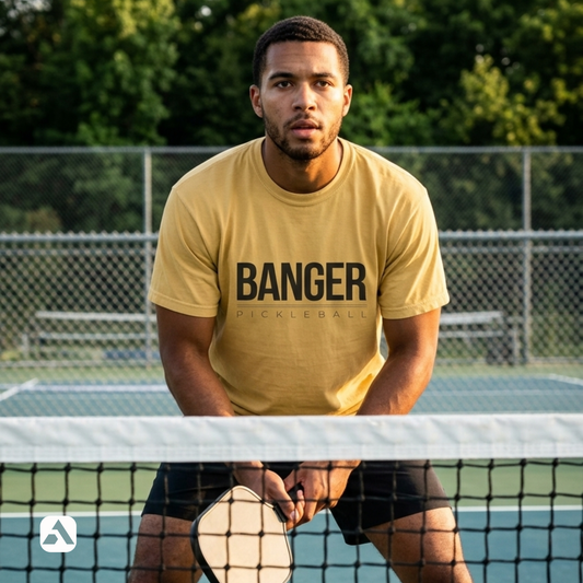 Banger pickleball t-shirt, Mustard — player in ready stance at the net