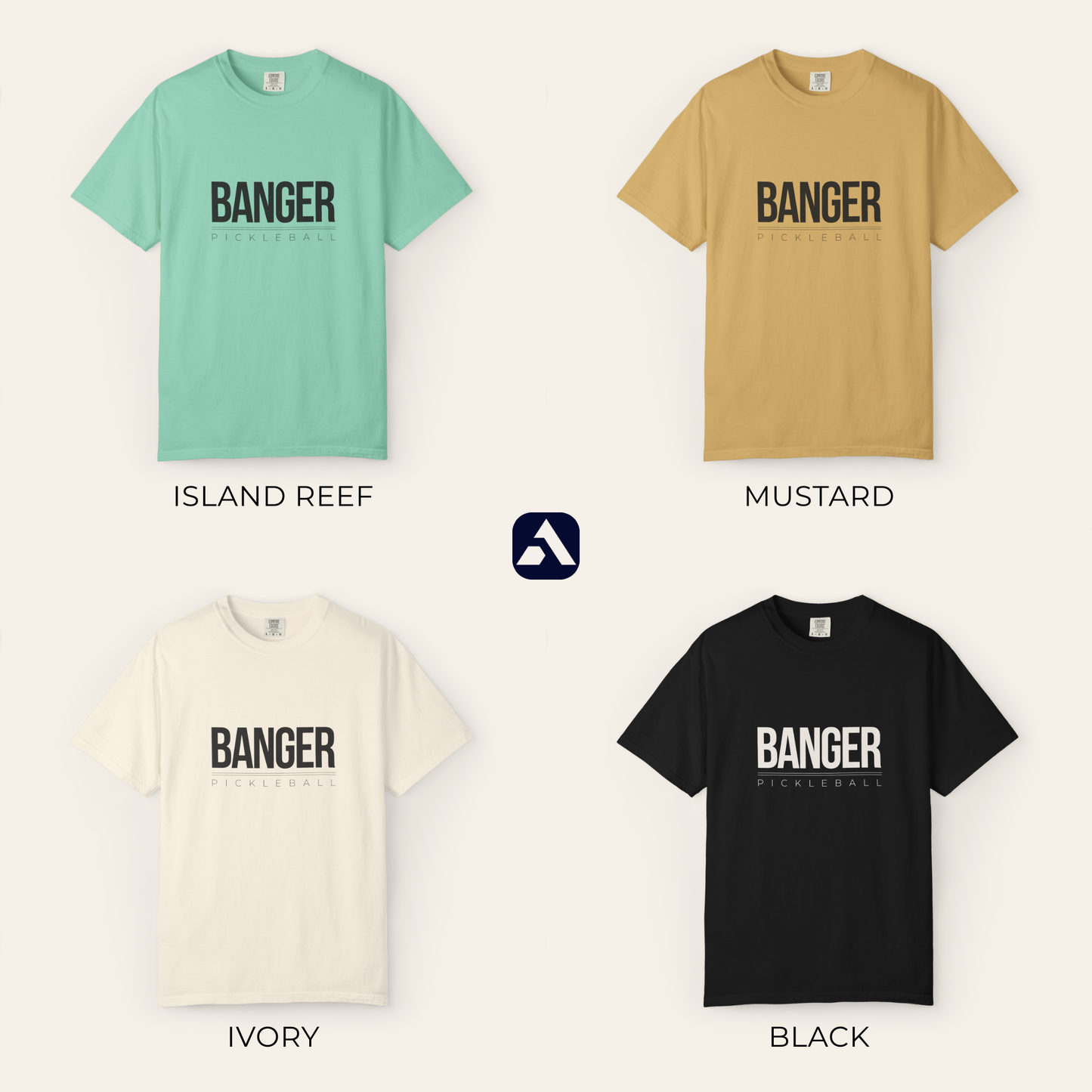 Banger pickleball t-shirt — all four colors: Island Reef, Mustard, Ivory, Black