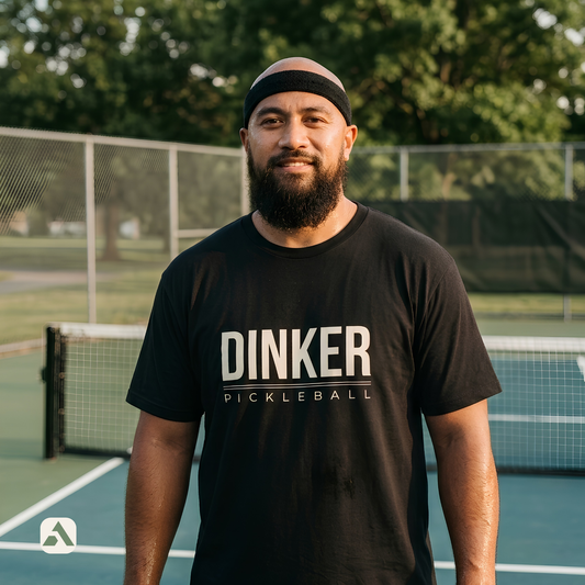 Dinker pickleball t-shirt, Black — player standing courtside
