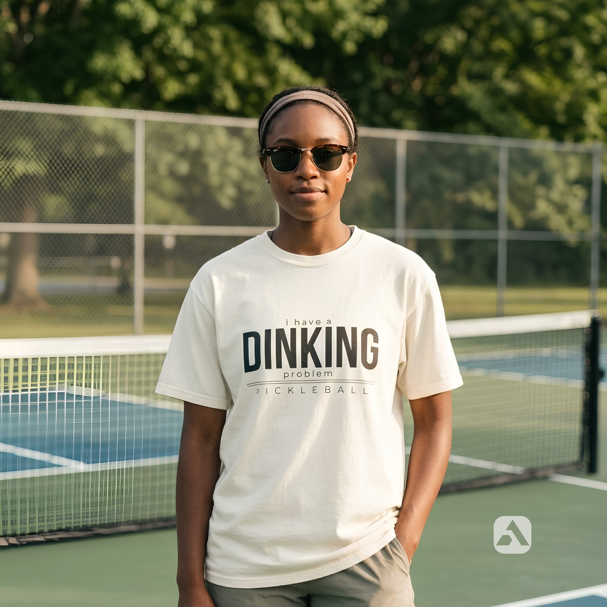 I Have a Dinking Problem pickleball t-shirt, Ivory — player standing courtside