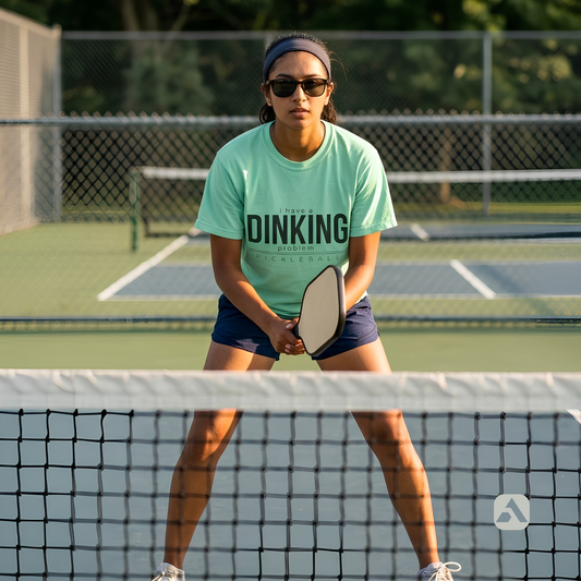 I Have a Dinking Problem pickleball t-shirt, Island Reef — player at the kitchen line