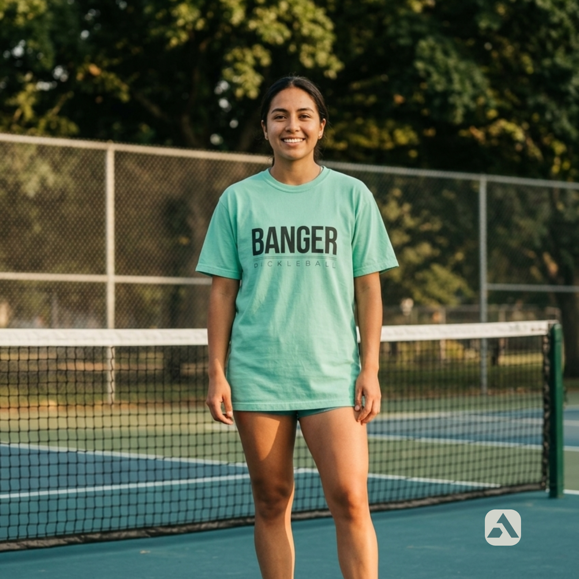Banger pickleball t-shirt, Island Reef — player standing courtside