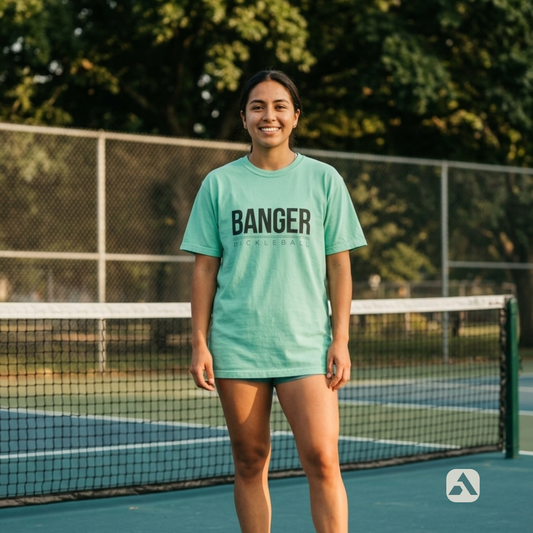 Banger pickleball t-shirt, Island Reef — player standing courtside