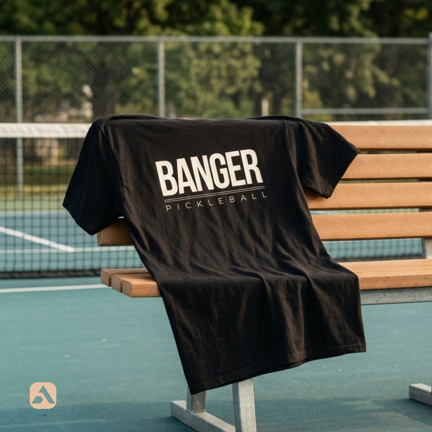 Banger pickleball t-shirt, Black — draped over a bench