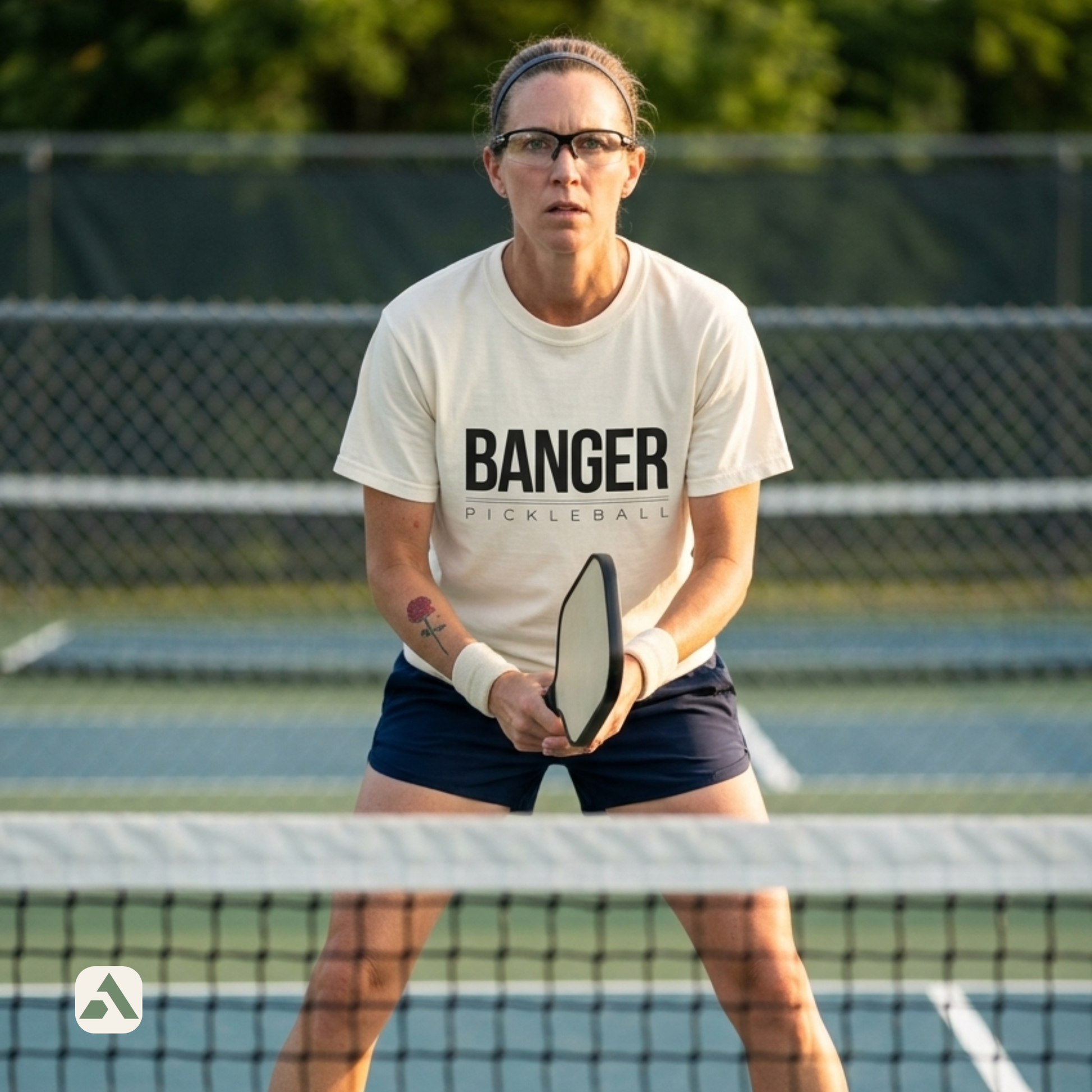 Banger pickleball t-shirt, Ivory — player in ready stance at the net