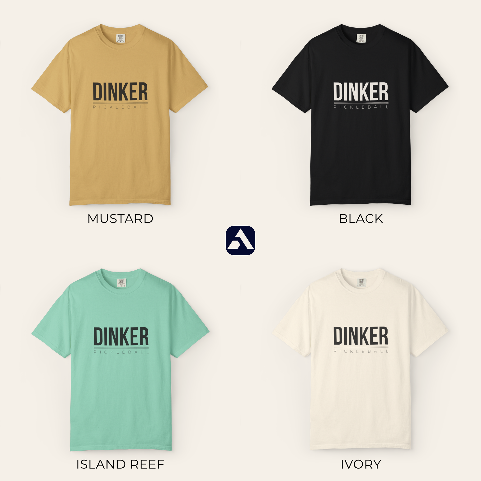 Dinker pickleball t-shirt — all four colors: Mustard, Black, Island Reef, Ivory