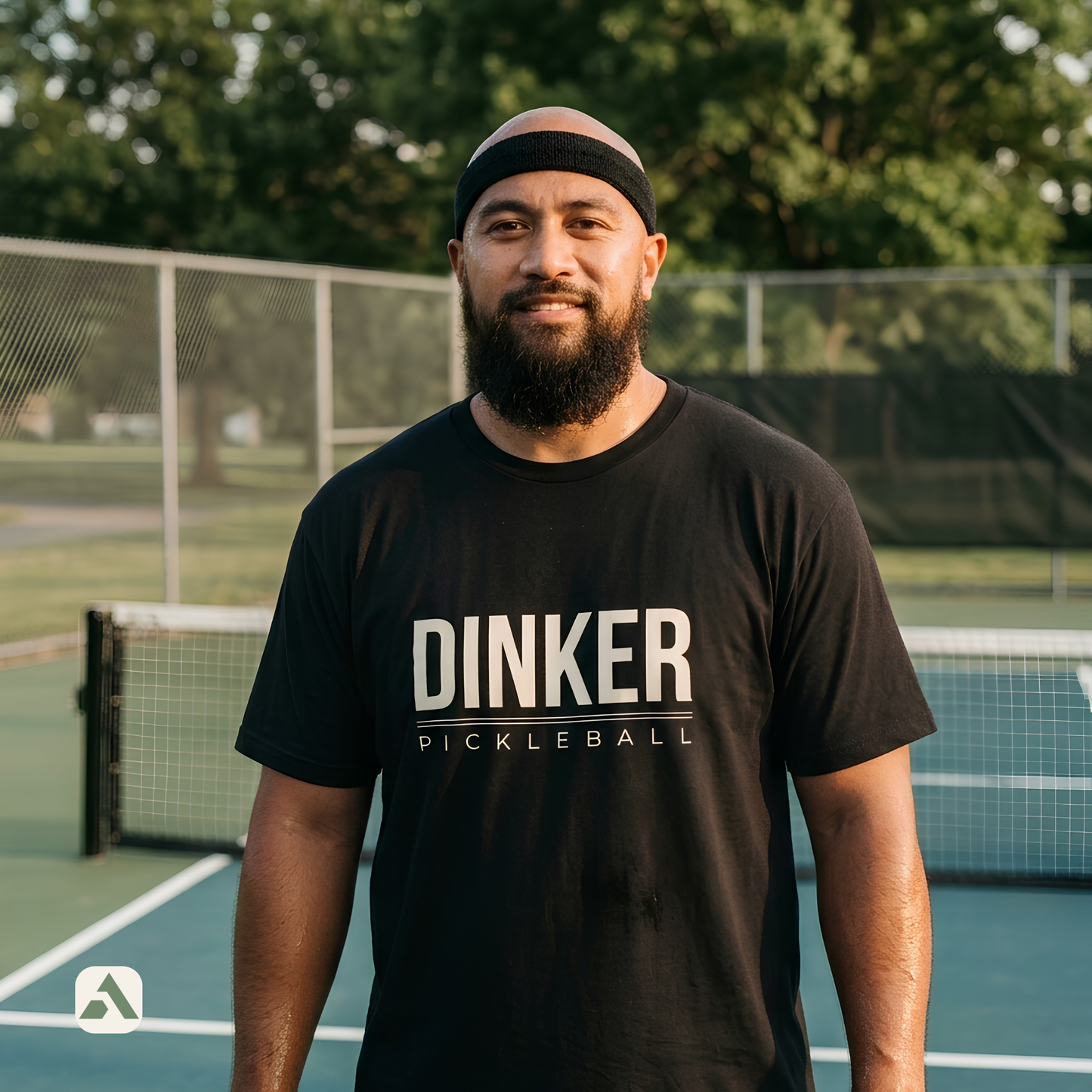 Dinker pickleball t-shirt, Black — player standing courtside