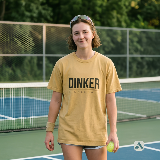 Dinker pickleball t-shirt, Mustard — player standing courtside with ball