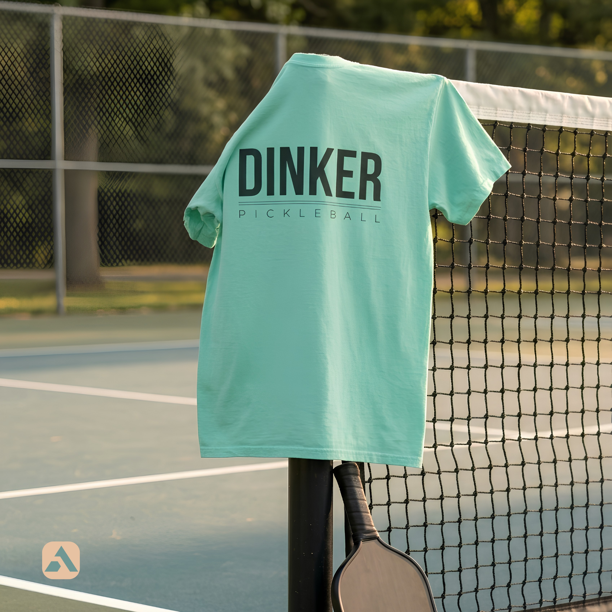 Dinker pickleball t-shirt, Island Reef — draped over the net