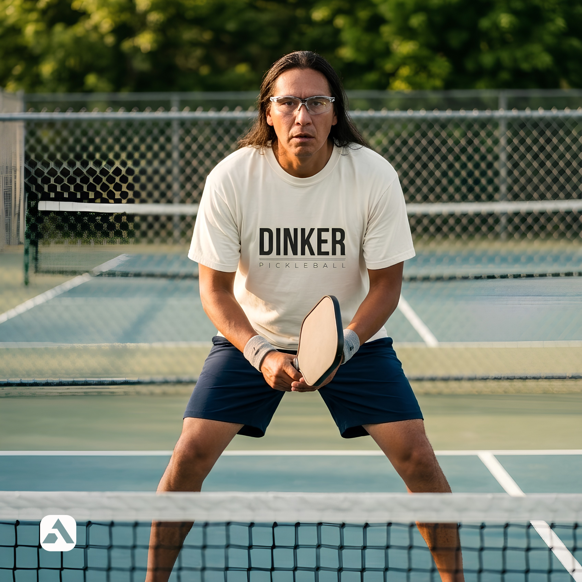 Dinker pickleball t-shirt, Ivory — player in ready stance at the net