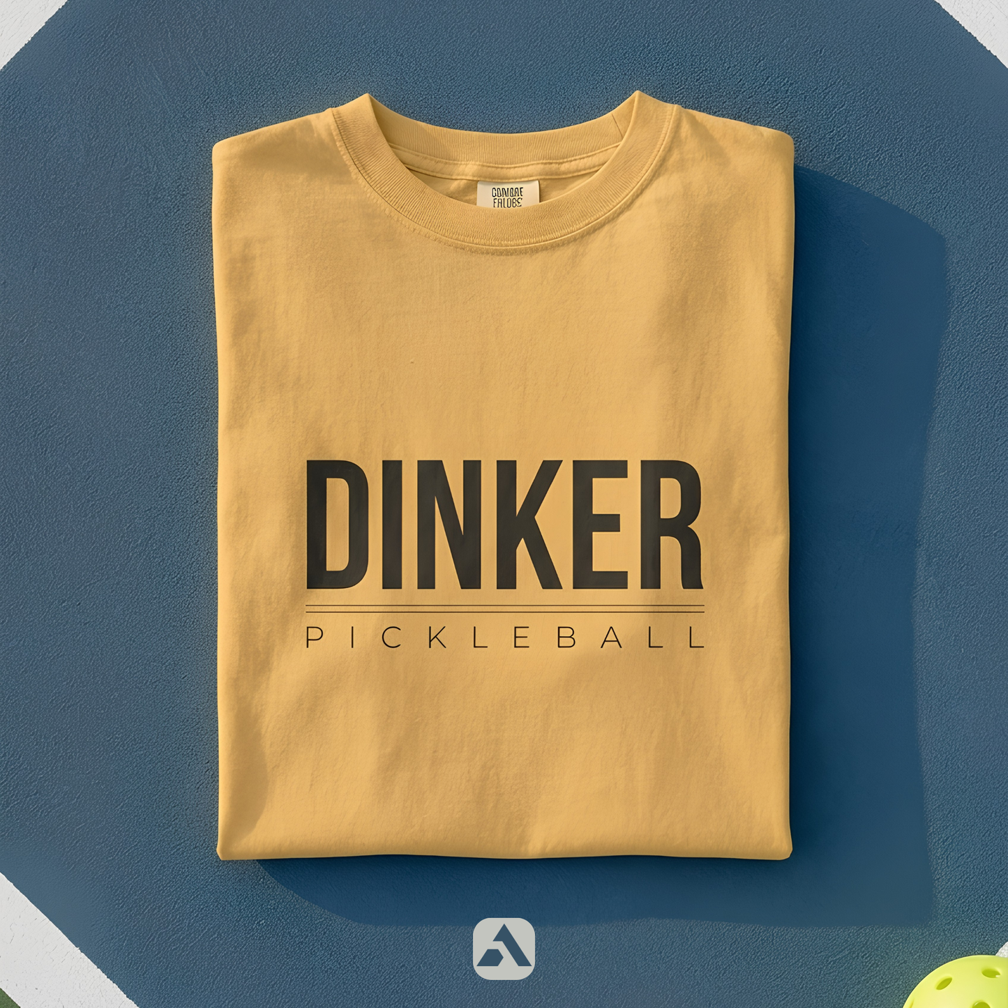 Dinker pickleball t-shirt, Mustard — folded flat-lay
