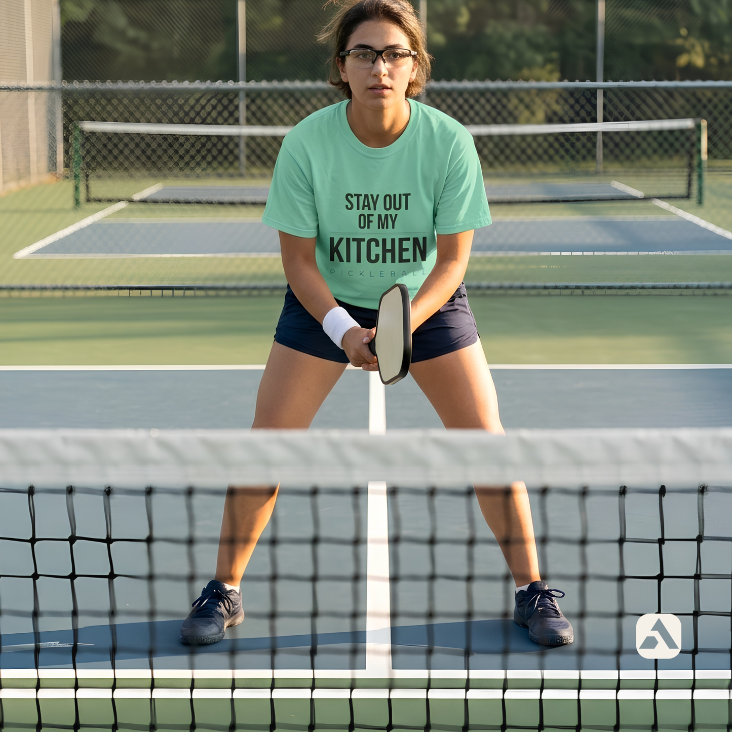 Stay Out of My Kitchen pickleball t-shirt, Island Reef — player at the kitchen line