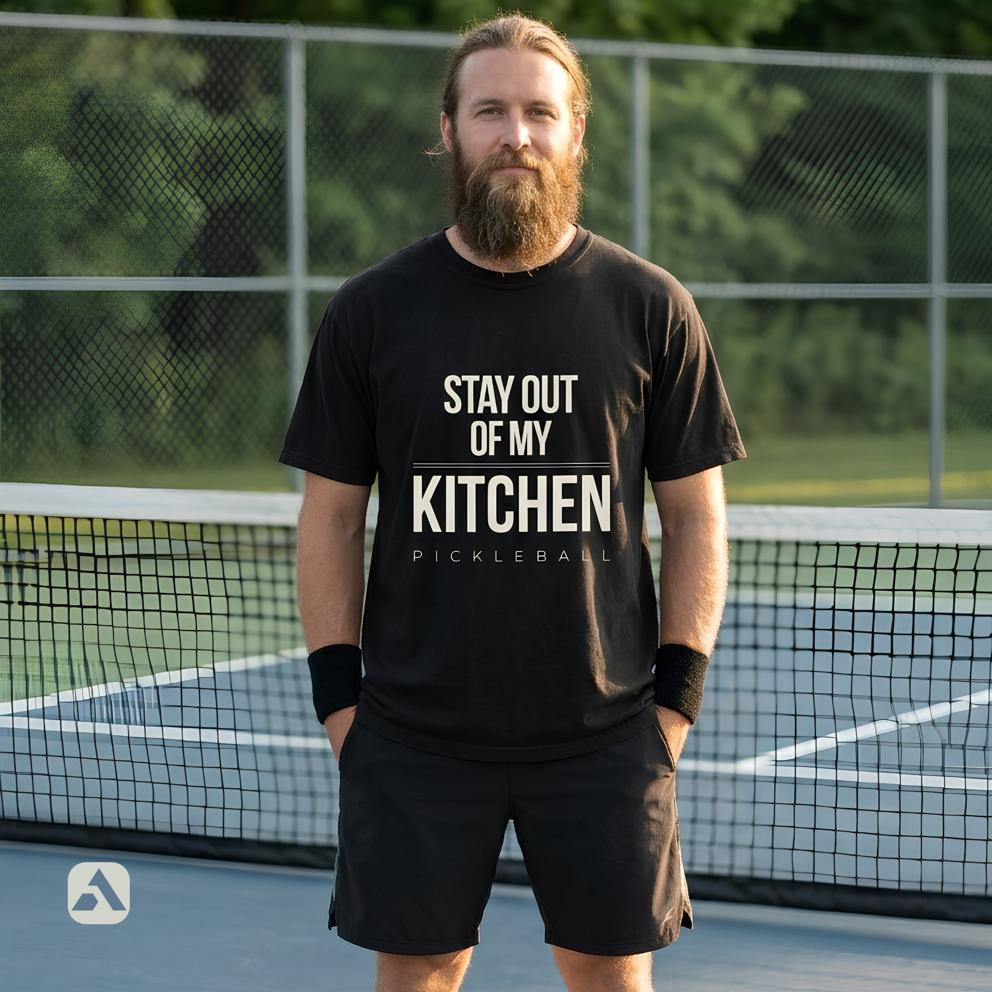 Stay Out of My Kitchen pickleball t-shirt, Black — player standing at the net