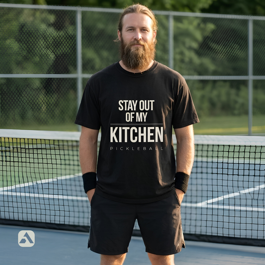 Stay Out of My Kitchen pickleball t-shirt, Black — player standing at the net