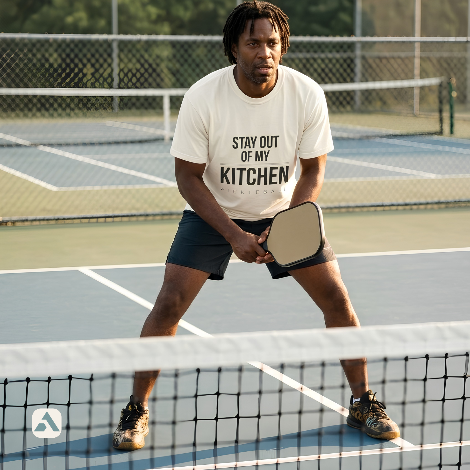 Stay Out of My Kitchen pickleball t-shirt, Ivory — player in ready stance at the net