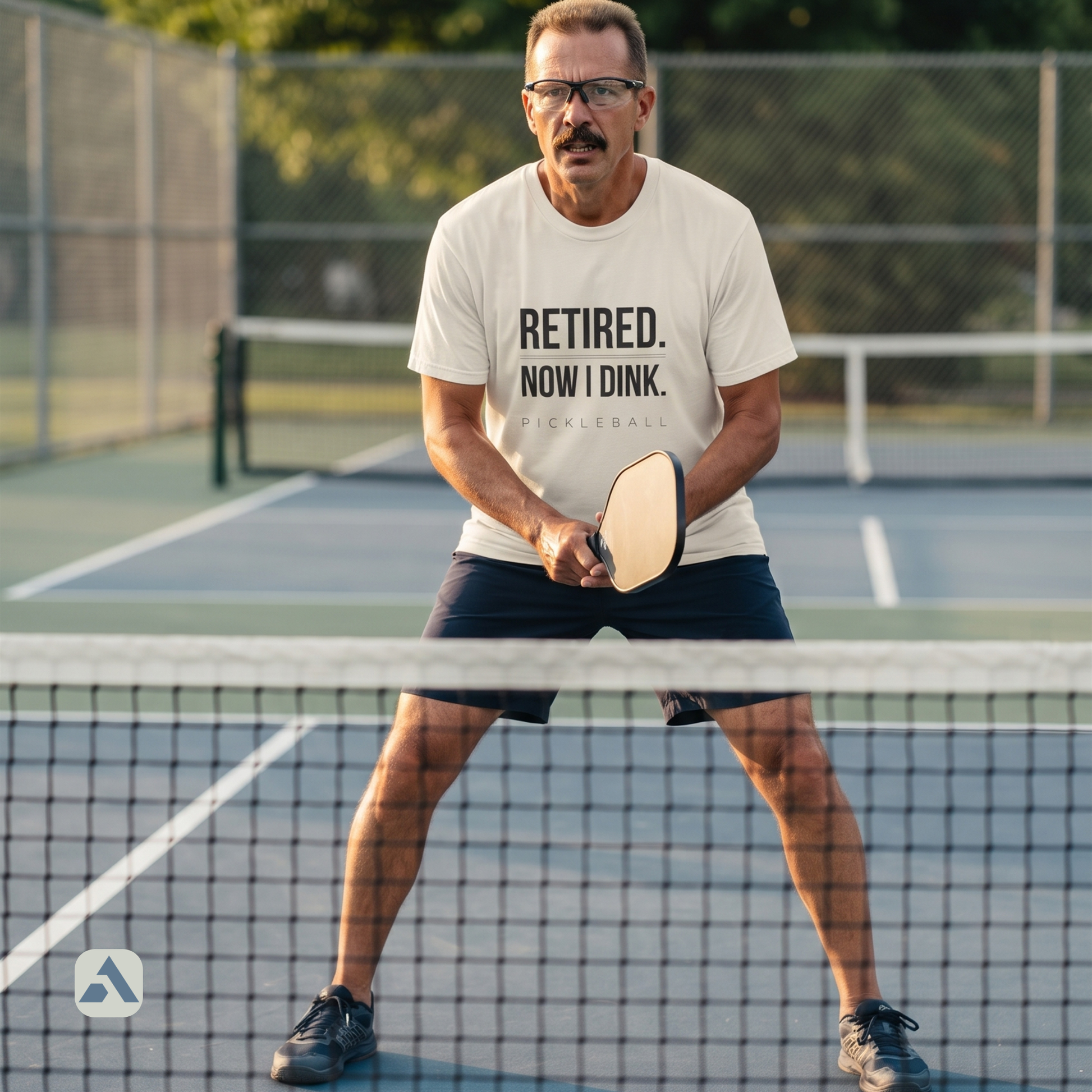 Retired. Now I Dink. pickleball t-shirt, Ivory — player in ready stance at the net