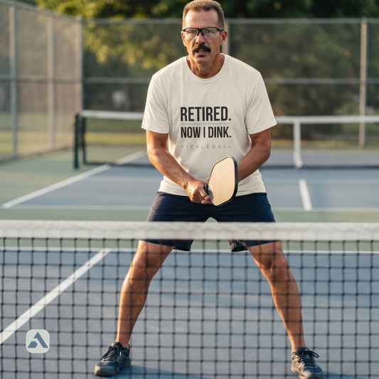 Retired. Now I Dink. pickleball t-shirt, Ivory — player in ready stance at the net