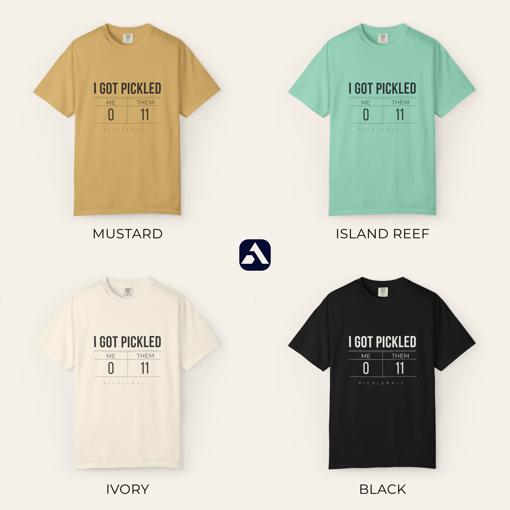 I Got Pickled pickleball t-shirt — all four colors: Mustard, Island Reef, Ivory, Black