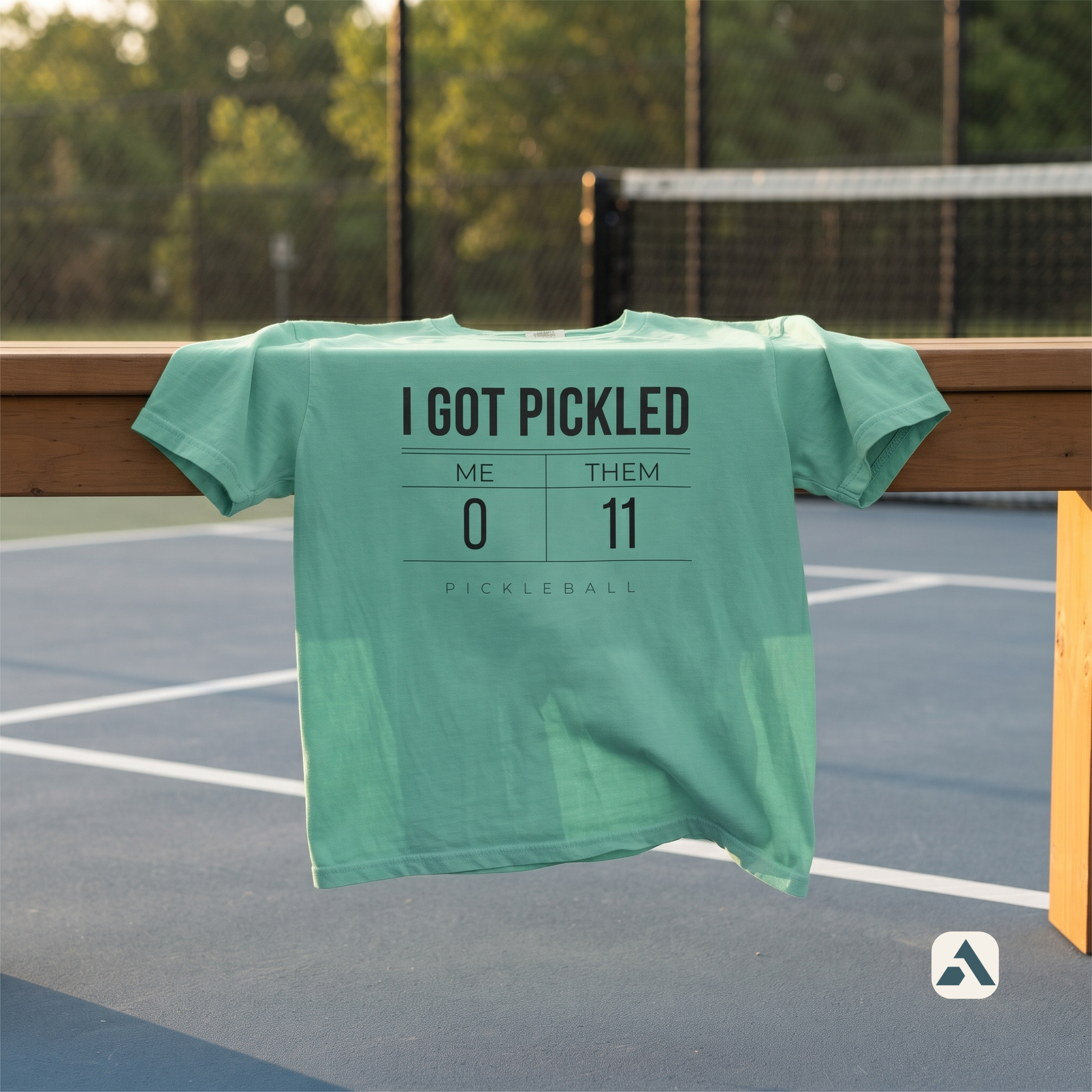 I Got Pickled pickleball t-shirt, Island Reef — draped over the net