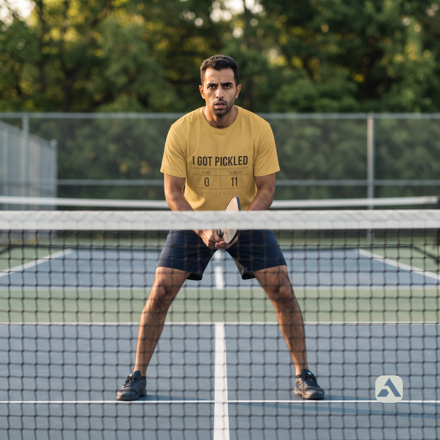 I Got Pickled pickleball t-shirt, Mustard — player in ready stance at the net