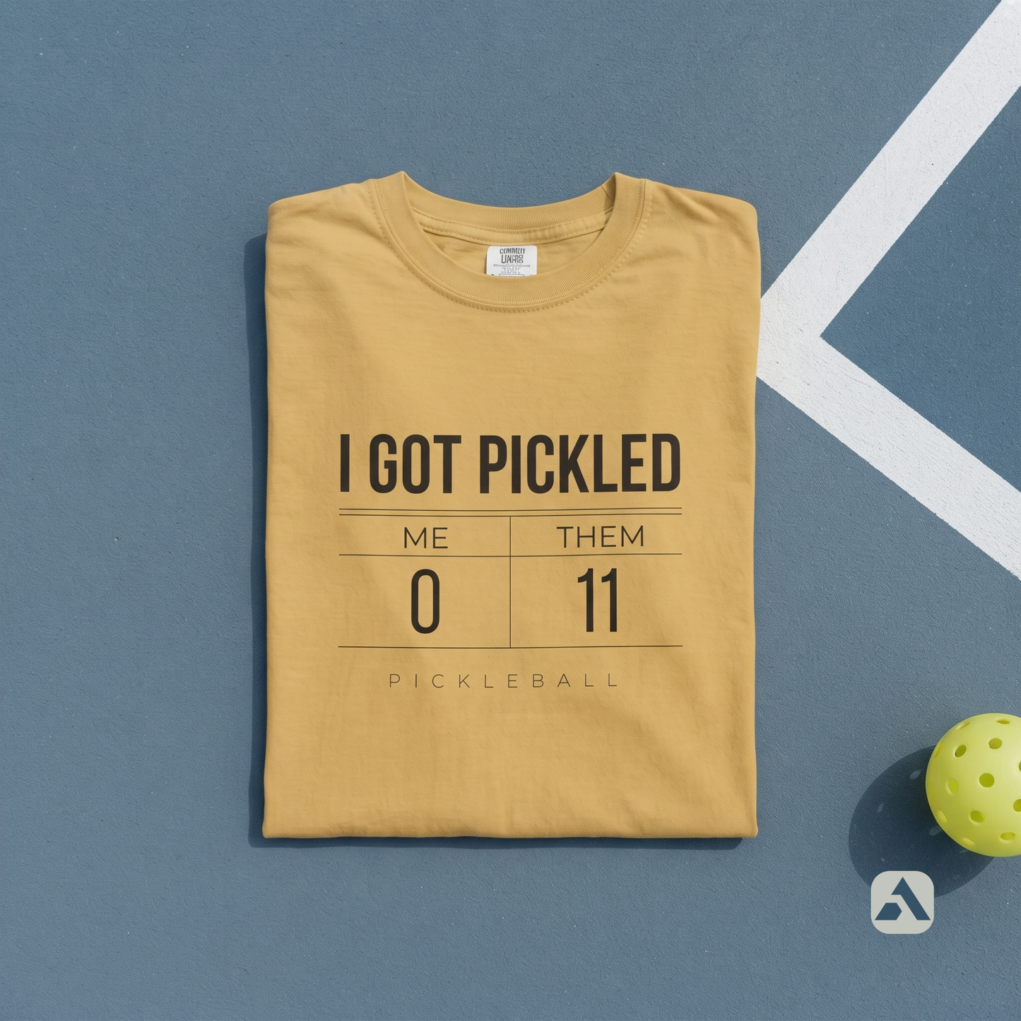I Got Pickled pickleball t-shirt, Mustard — folded flat-lay with ball