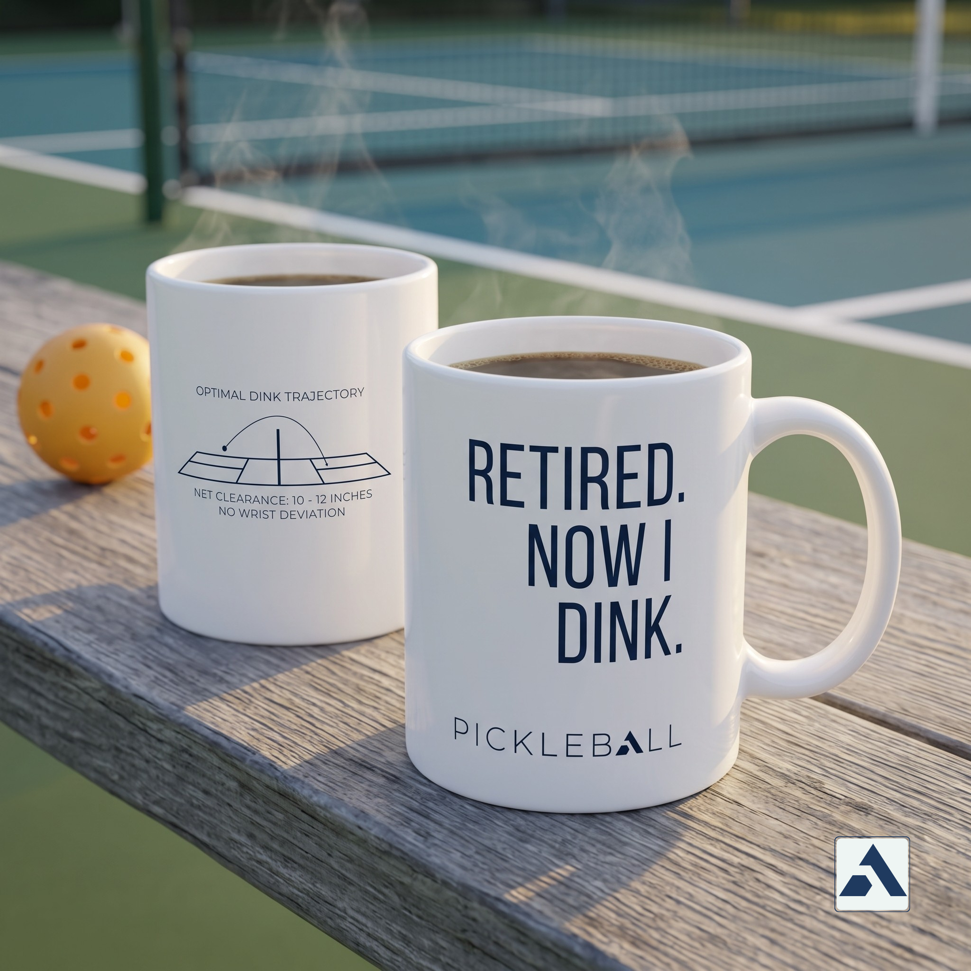 Retired. Now I Dink. pickleball mug — front phrase and dink trajectory diagram shown together
