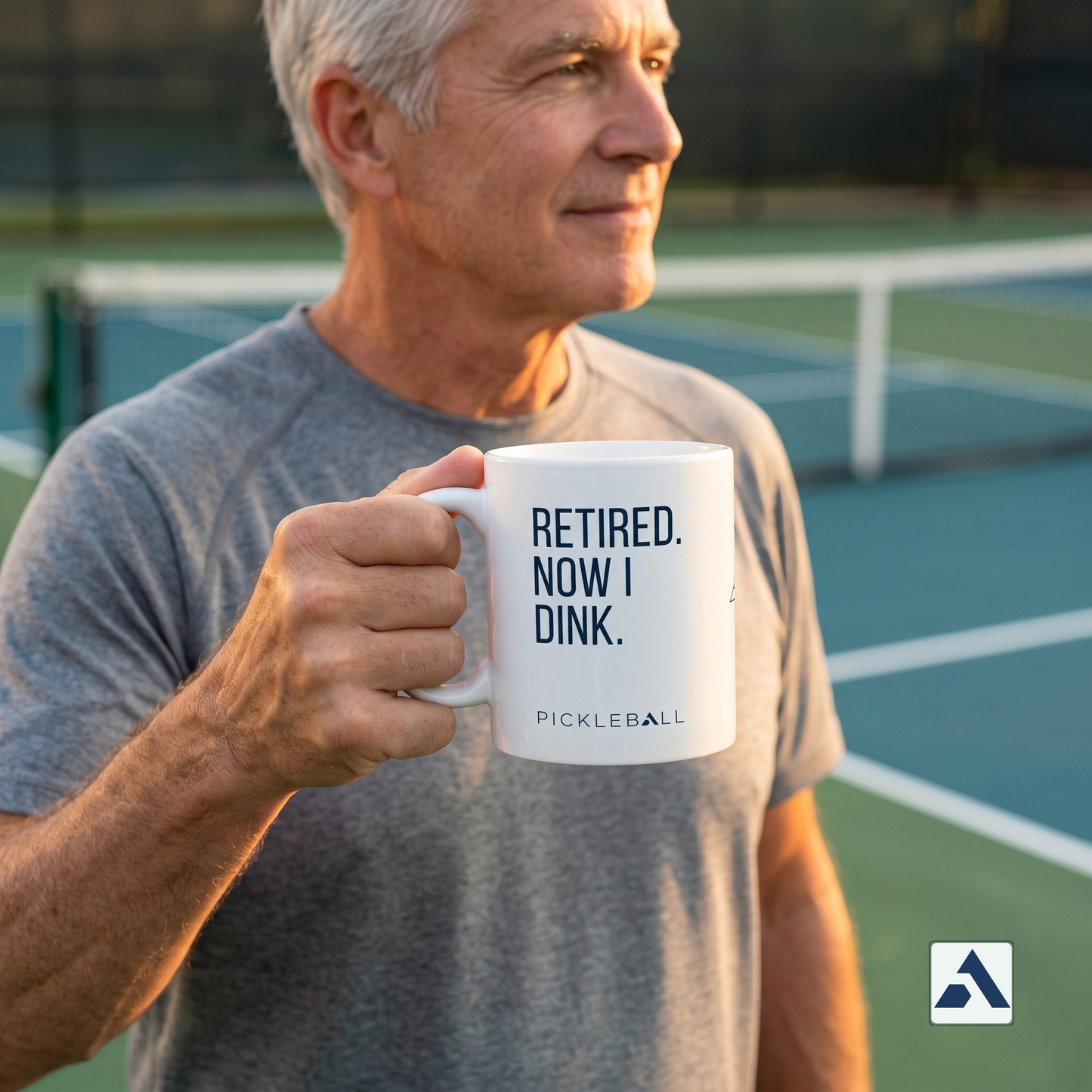 Retired. Now I Dink. pickleball mug — retired player holding it courtside at golden hour