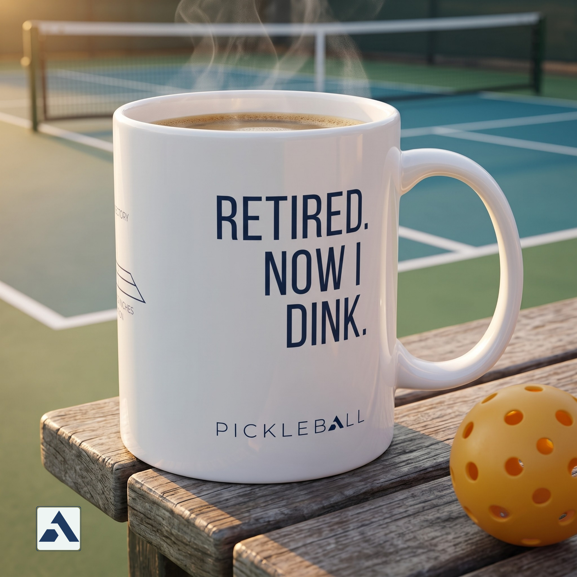Retired. Now I Dink. pickleball mug — white 11oz ceramic on a courtside bench with a ball